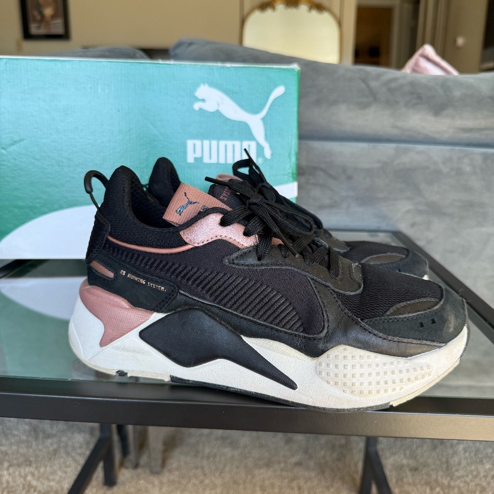 black and rose gold puma fashion sneakers